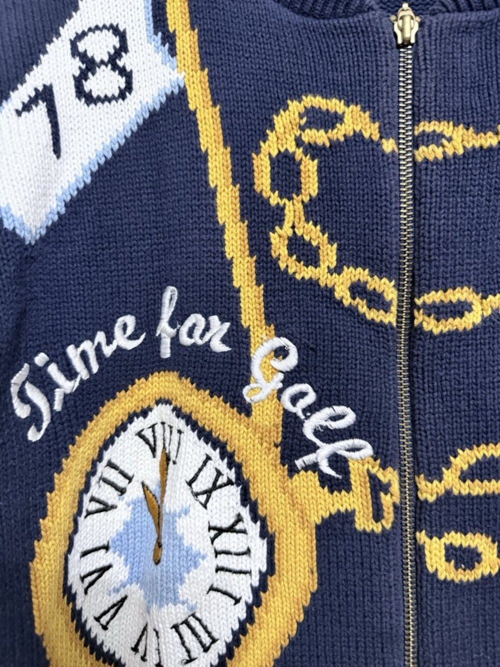 Vintage Bellepointe "Time For Golf" Full Zip Sweater Size Medium Blue & Gold - Picture 3 of 4